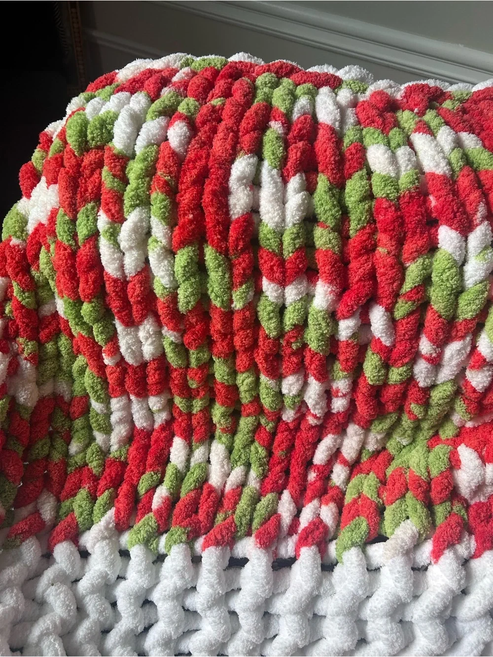 Chunky Crochet Throw Blanket in Red, Green & White ( Grinch Colors)